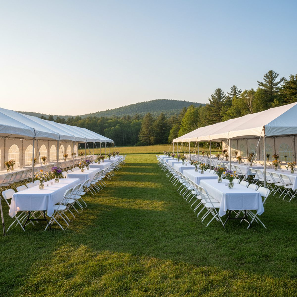 an outdoor community event setup with tables and tents ready for guests, no people
